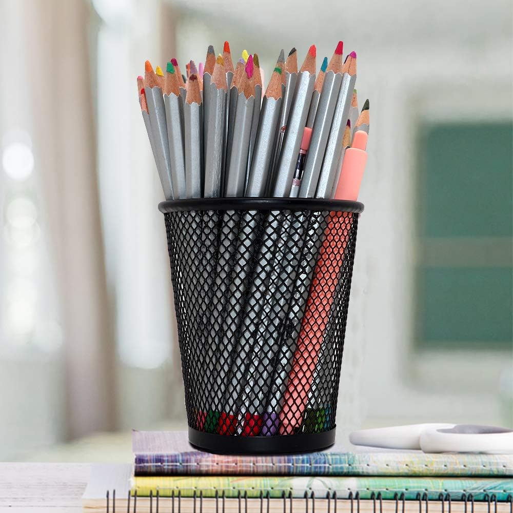 4 Pack Pen Holder Metal Mesh Pencil Holders Round Shaped Pen Holders for Desk Office Wire Mesh Container Pen Organizer,Black