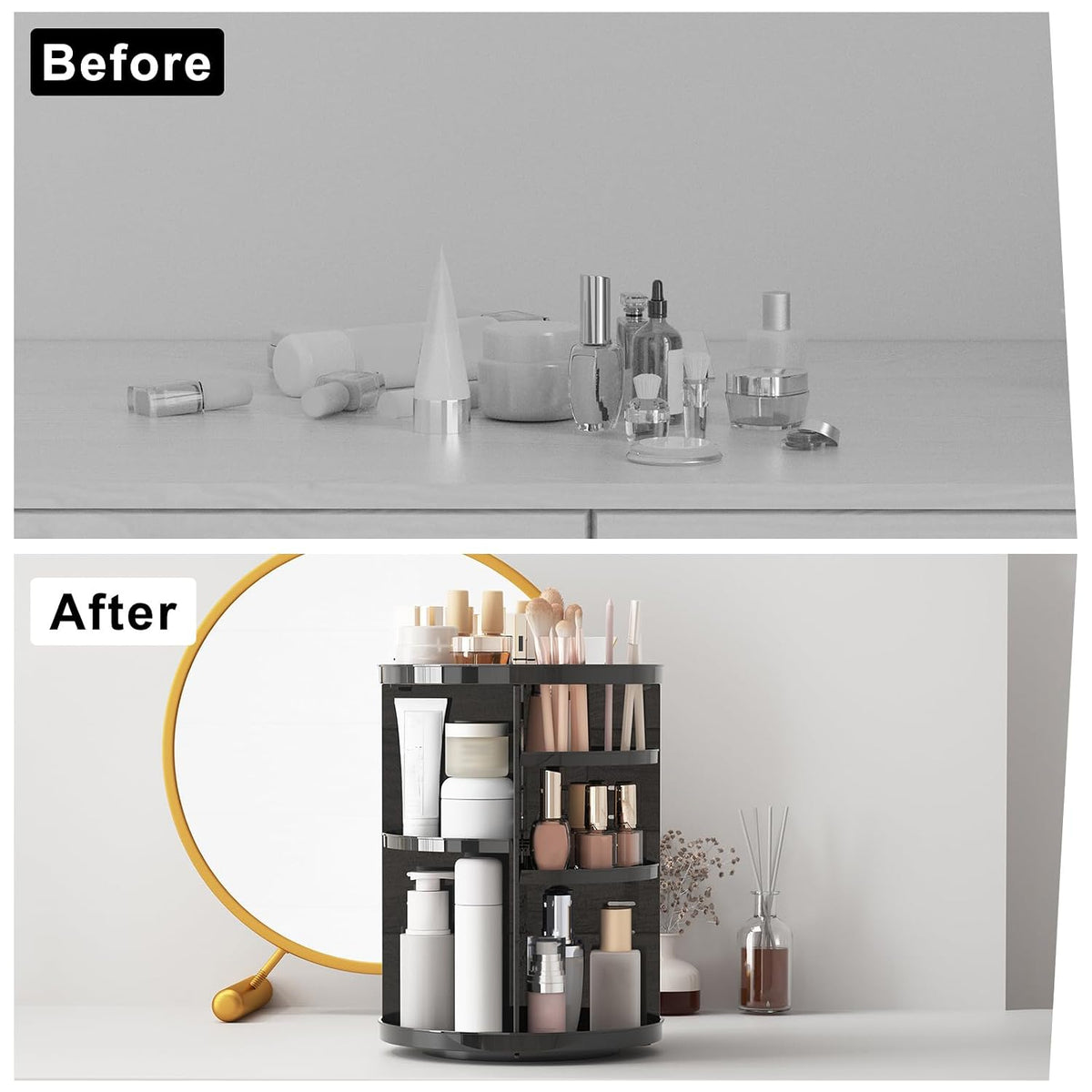 Rotating Makeup Organizer, DIY 8 Adjustable Layers Spinning Skincare Storage, Cosmetic Display Case with Brush Holder and Perfume Tray, Multi-Function Vanity Bathroom Countertop Organizer Clear