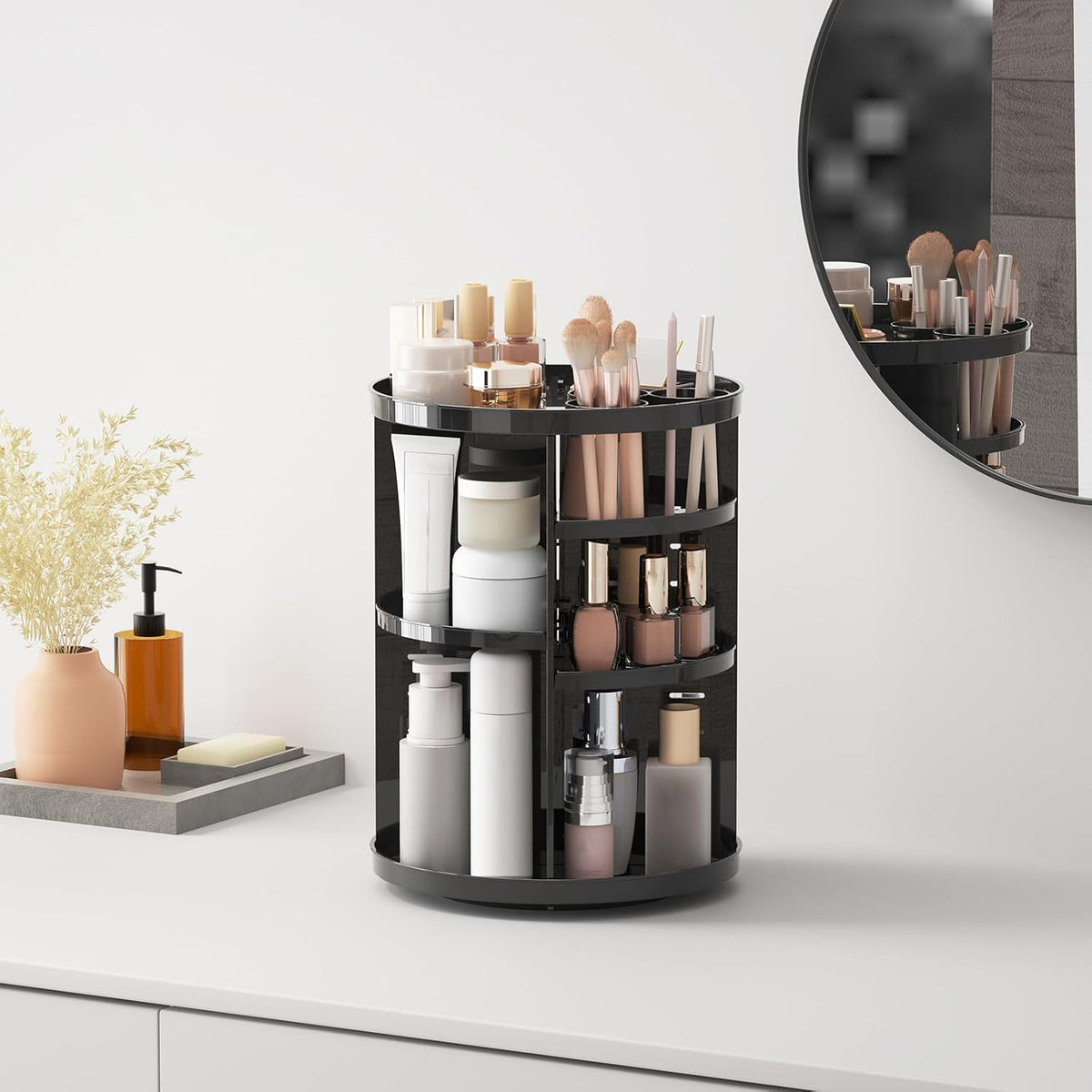 Rotating Makeup Organizer, DIY 8 Adjustable Layers Spinning Skincare Storage, Cosmetic Display Case with Brush Holder and Perfume Tray, Multi-Function Vanity Bathroom Countertop Organizer Clear