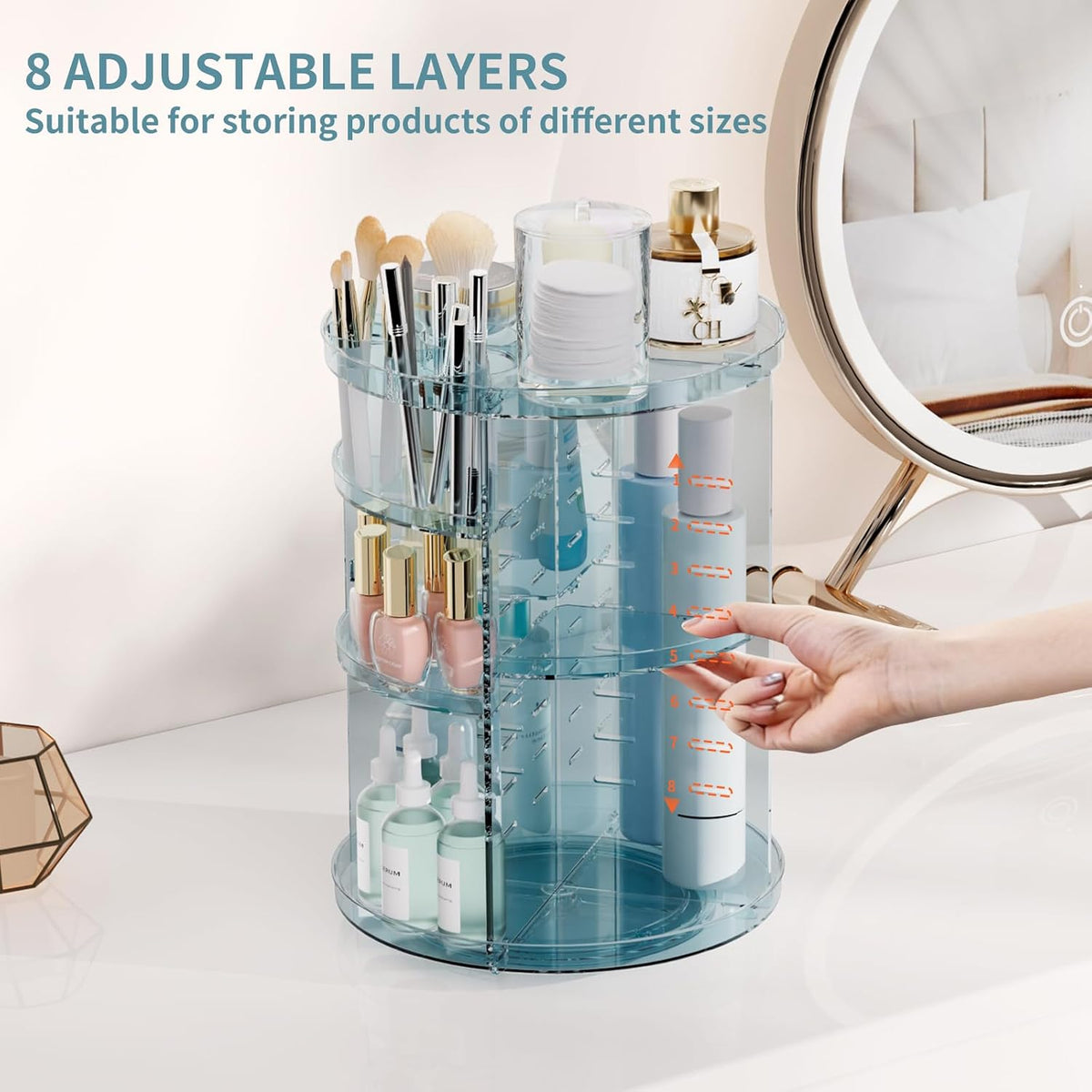 Rotating Makeup Organizer, DIY 8 Adjustable Layers Spinning Skincare Storage, Cosmetic Display Case with Brush Holder and Perfume Tray, Multi-Function Vanity Bathroom Countertop Organizer Clear