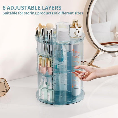 Rotating Makeup Organizer, DIY 8 Adjustable Layers Spinning Skincare Storage, Cosmetic Display Case with Brush Holder and Perfume Tray, Multi-Function Vanity Bathroom Countertop Organizer Clear