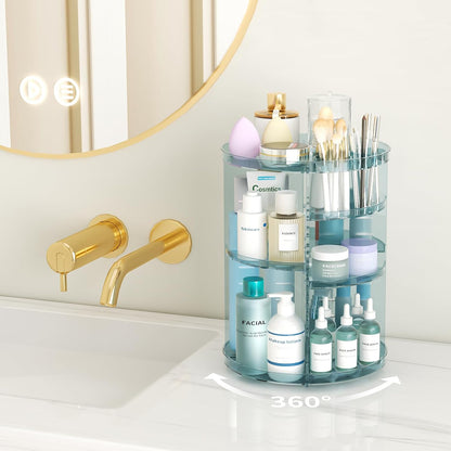 Rotating Makeup Organizer, DIY 8 Adjustable Layers Spinning Skincare Storage, Cosmetic Display Case with Brush Holder and Perfume Tray, Multi-Function Vanity Bathroom Countertop Organizer Clear