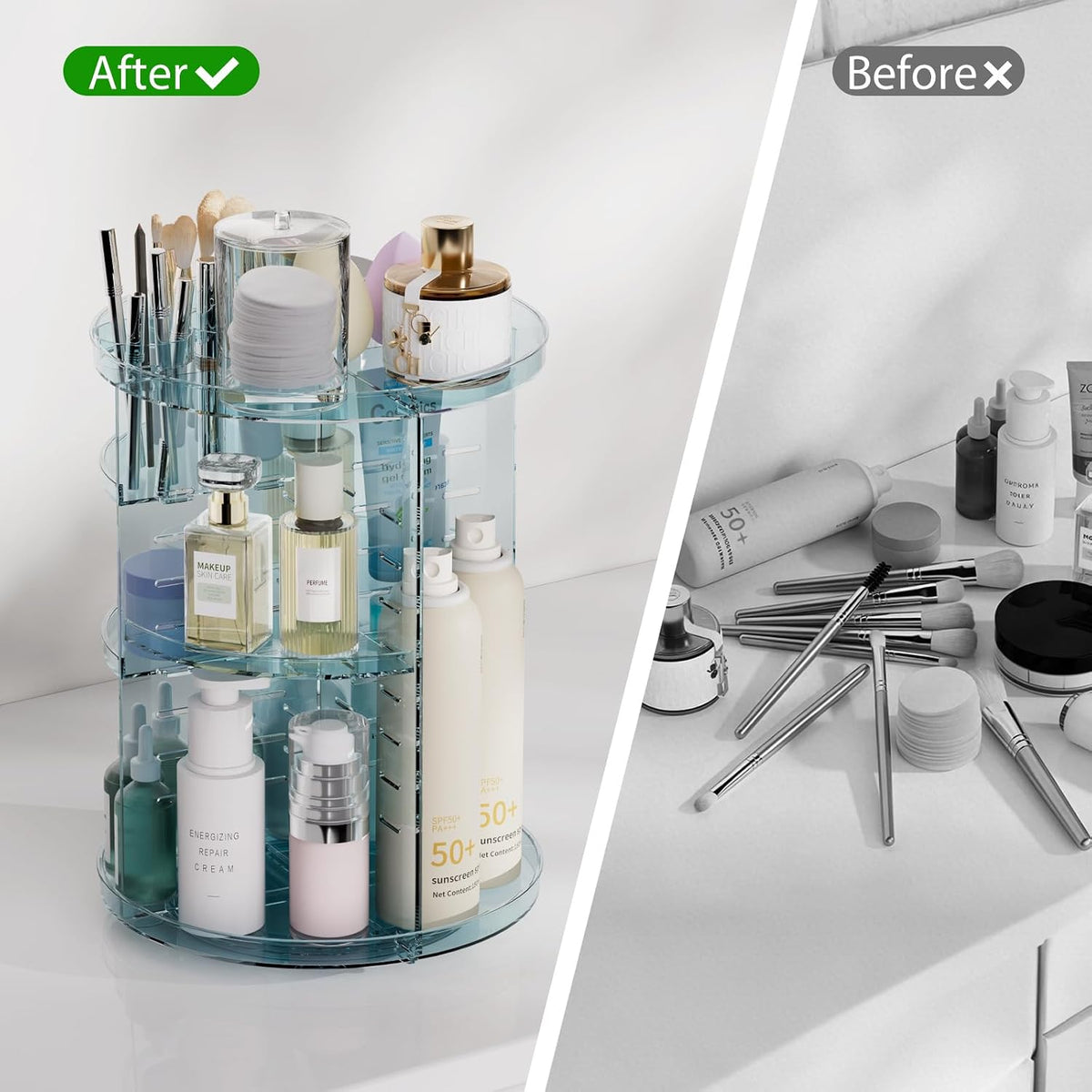 Rotating Makeup Organizer, DIY 8 Adjustable Layers Spinning Skincare Storage, Cosmetic Display Case with Brush Holder and Perfume Tray, Multi-Function Vanity Bathroom Countertop Organizer Clear