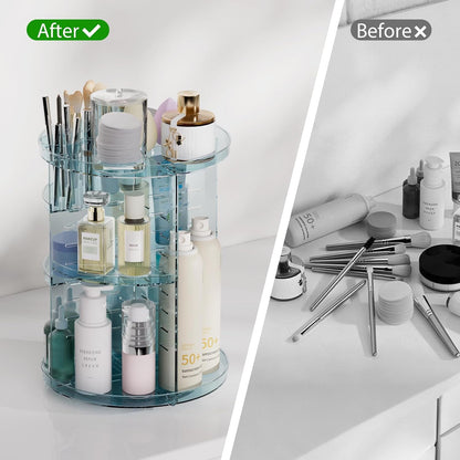 Rotating Makeup Organizer, DIY 8 Adjustable Layers Spinning Skincare Storage, Cosmetic Display Case with Brush Holder and Perfume Tray, Multi-Function Vanity Bathroom Countertop Organizer Clear