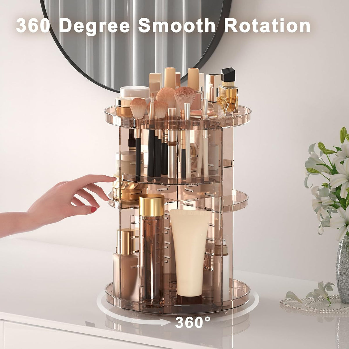 Rotating Makeup Organizer, DIY 8 Adjustable Layers Spinning Skincare Storage, Cosmetic Display Case with Brush Holder and Perfume Tray, Multi-Function Vanity Bathroom Countertop Organizer Clear