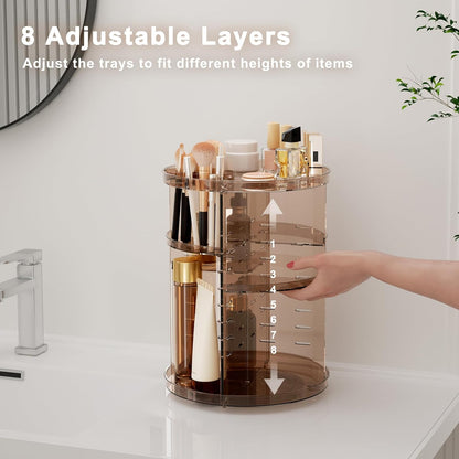 Rotating Makeup Organizer, DIY 8 Adjustable Layers Spinning Skincare Storage, Cosmetic Display Case with Brush Holder and Perfume Tray, Multi-Function Vanity Bathroom Countertop Organizer Clear