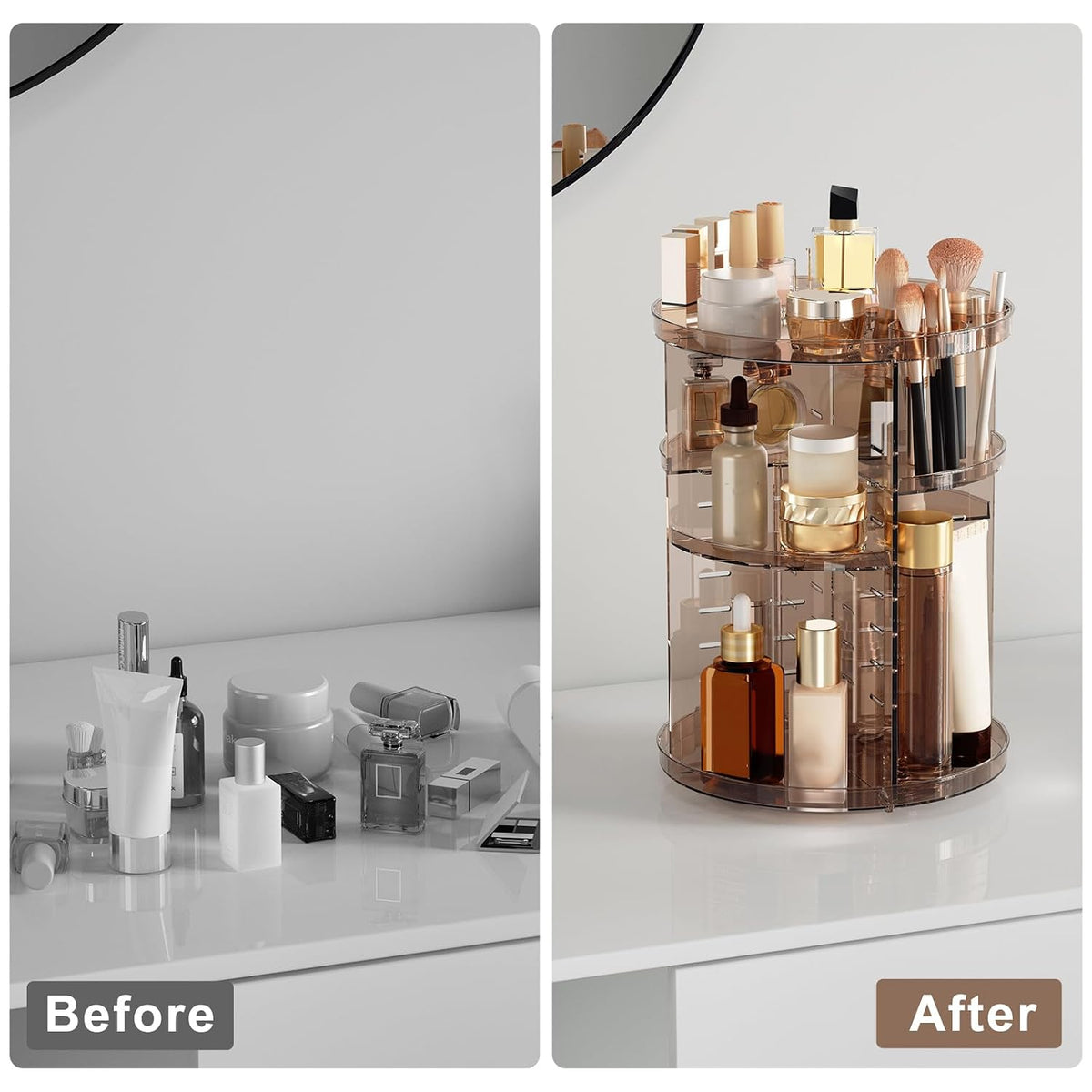 Rotating Makeup Organizer, DIY 8 Adjustable Layers Spinning Skincare Storage, Cosmetic Display Case with Brush Holder and Perfume Tray, Multi-Function Vanity Bathroom Countertop Organizer Clear