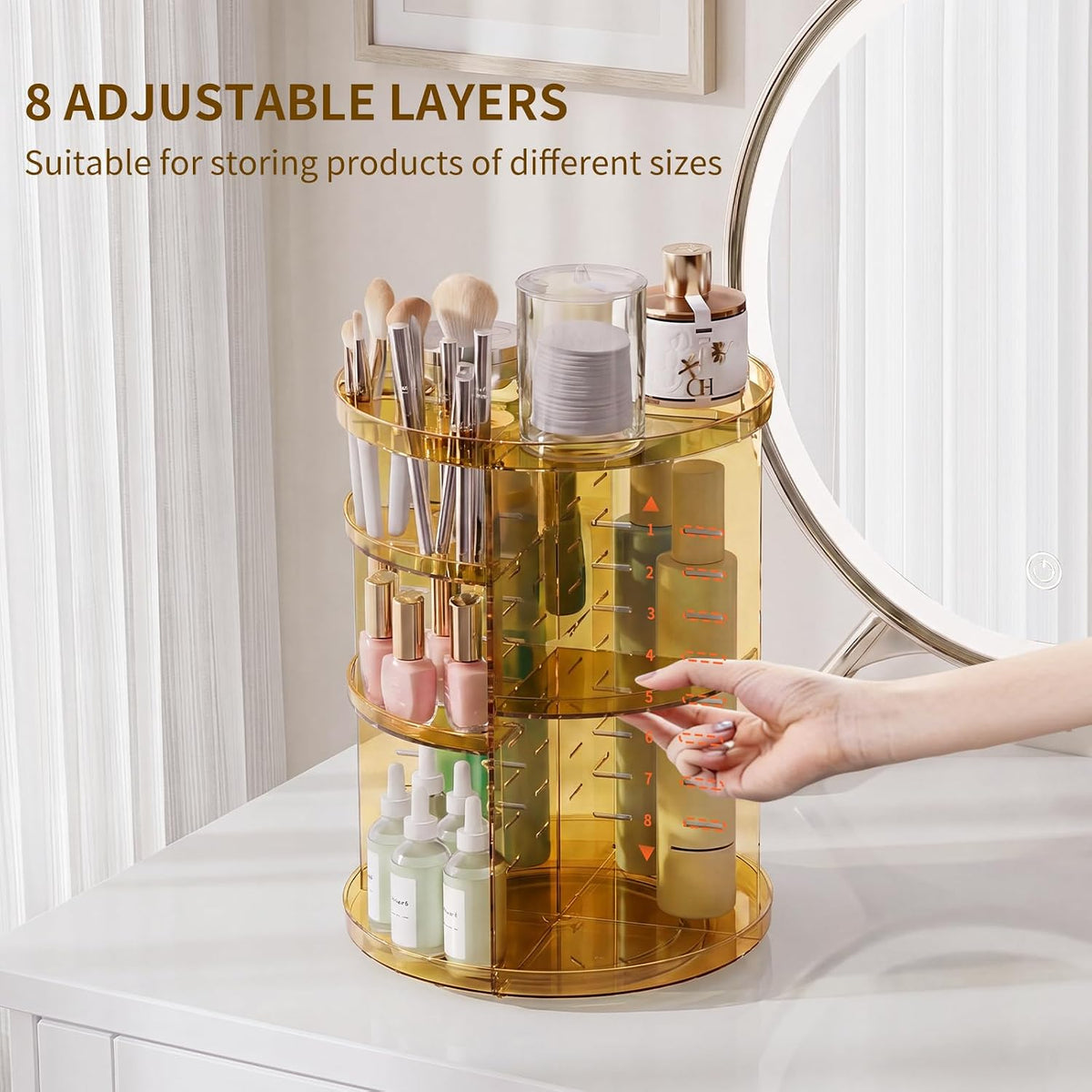 Rotating Makeup Organizer, DIY 8 Adjustable Layers Spinning Skincare Storage, Cosmetic Display Case with Brush Holder and Perfume Tray, Multi-Function Vanity Bathroom Countertop Organizer Clear