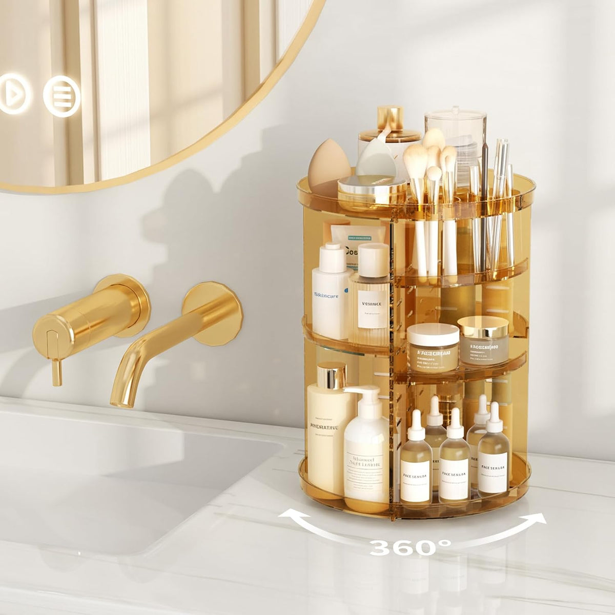 Rotating Makeup Organizer, DIY 8 Adjustable Layers Spinning Skincare Storage, Cosmetic Display Case with Brush Holder and Perfume Tray, Multi-Function Vanity Bathroom Countertop Organizer Clear
