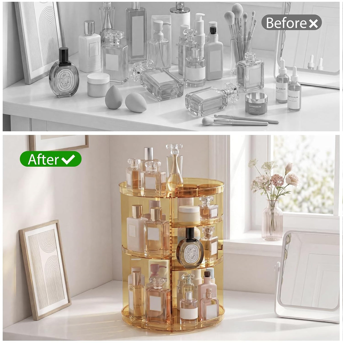 Rotating Makeup Organizer, DIY 8 Adjustable Layers Spinning Skincare Storage, Cosmetic Display Case with Brush Holder and Perfume Tray, Multi-Function Vanity Bathroom Countertop Organizer Clear