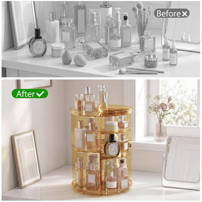 Rotating Makeup Organizer, DIY 8 Adjustable Layers Spinning Skincare Storage, Cosmetic Display Case with Brush Holder and Perfume Tray, Multi-Function Vanity Bathroom Countertop Organizer Clear