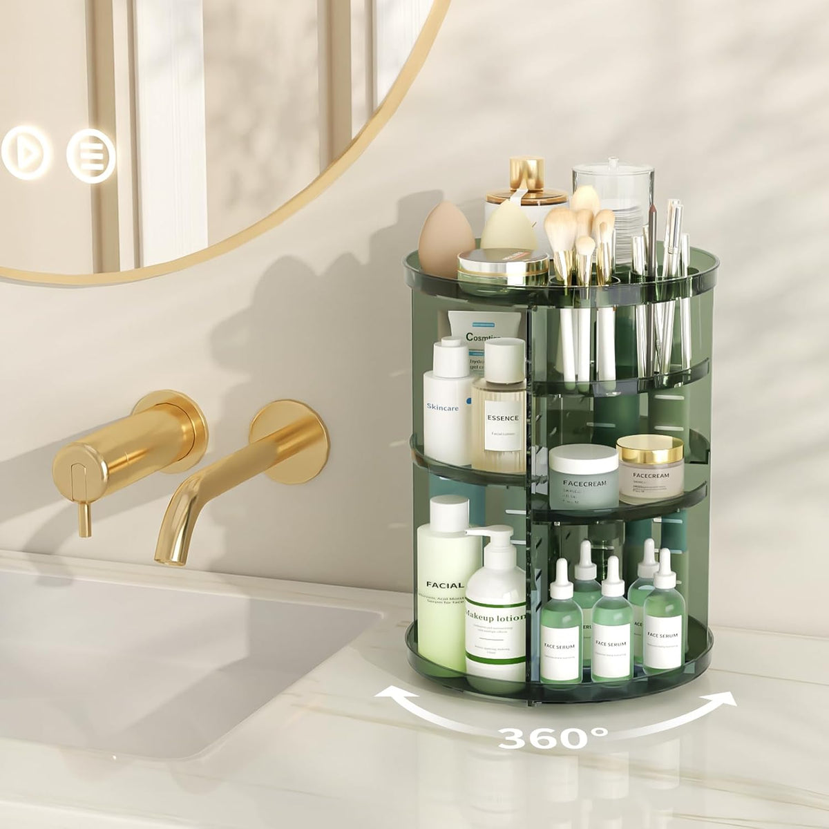 Rotating Makeup Organizer, DIY 8 Adjustable Layers Spinning Skincare Storage, Cosmetic Display Case with Brush Holder and Perfume Tray, Multi-Function Vanity Bathroom Countertop Organizer Clear