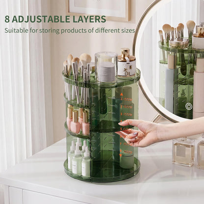 Rotating Makeup Organizer, DIY 8 Adjustable Layers Spinning Skincare Storage, Cosmetic Display Case with Brush Holder and Perfume Tray, Multi-Function Vanity Bathroom Countertop Organizer Clear