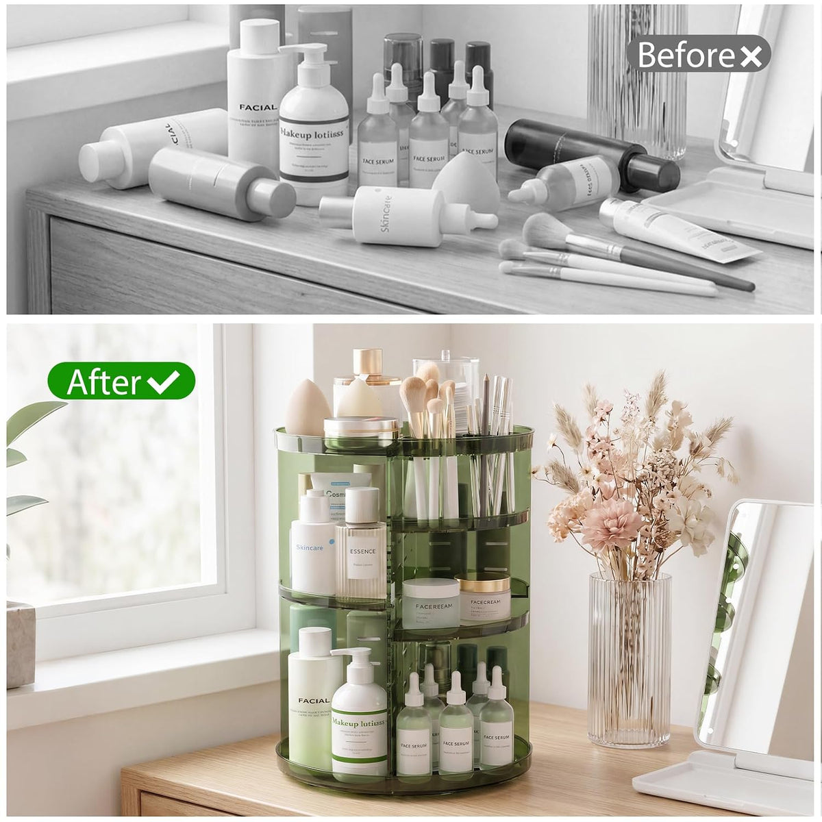 Rotating Makeup Organizer, DIY 8 Adjustable Layers Spinning Skincare Storage, Cosmetic Display Case with Brush Holder and Perfume Tray, Multi-Function Vanity Bathroom Countertop Organizer Clear