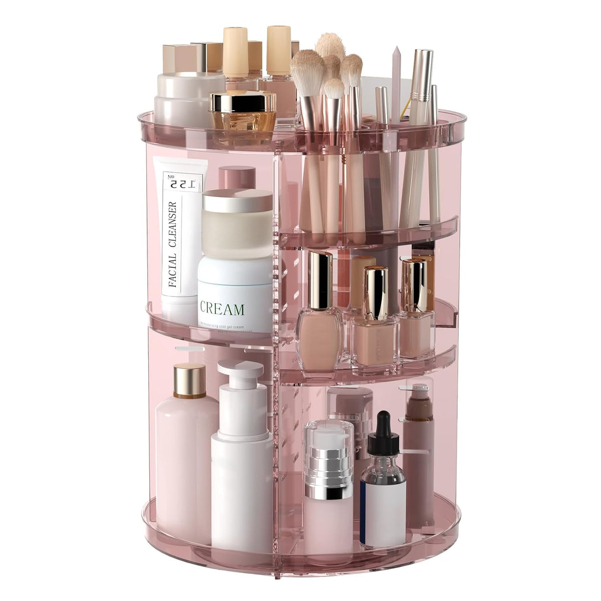 Rotating Makeup Organizer, DIY 8 Adjustable Layers Spinning Skincare Storage, Cosmetic Display Case with Brush Holder and Perfume Tray, Multi-Function Vanity Bathroom Countertop Organizer Clear