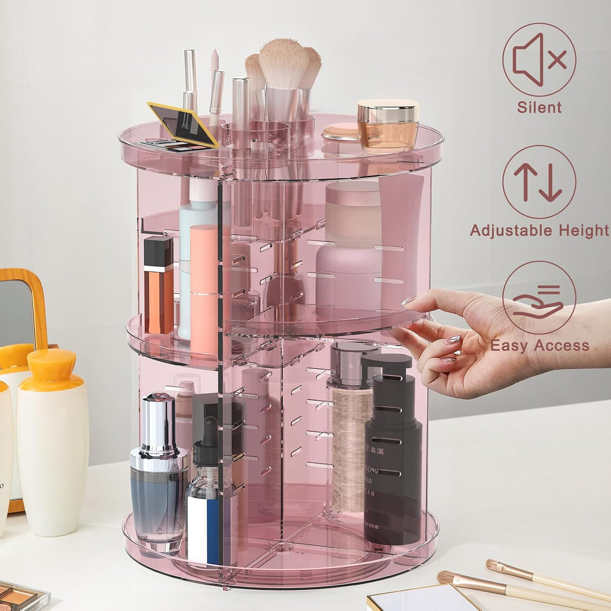 Rotating Makeup Organizer, DIY 8 Adjustable Layers Spinning Skincare Storage, Cosmetic Display Case with Brush Holder and Perfume Tray, Multi-Function Vanity Bathroom Countertop Organizer Clear