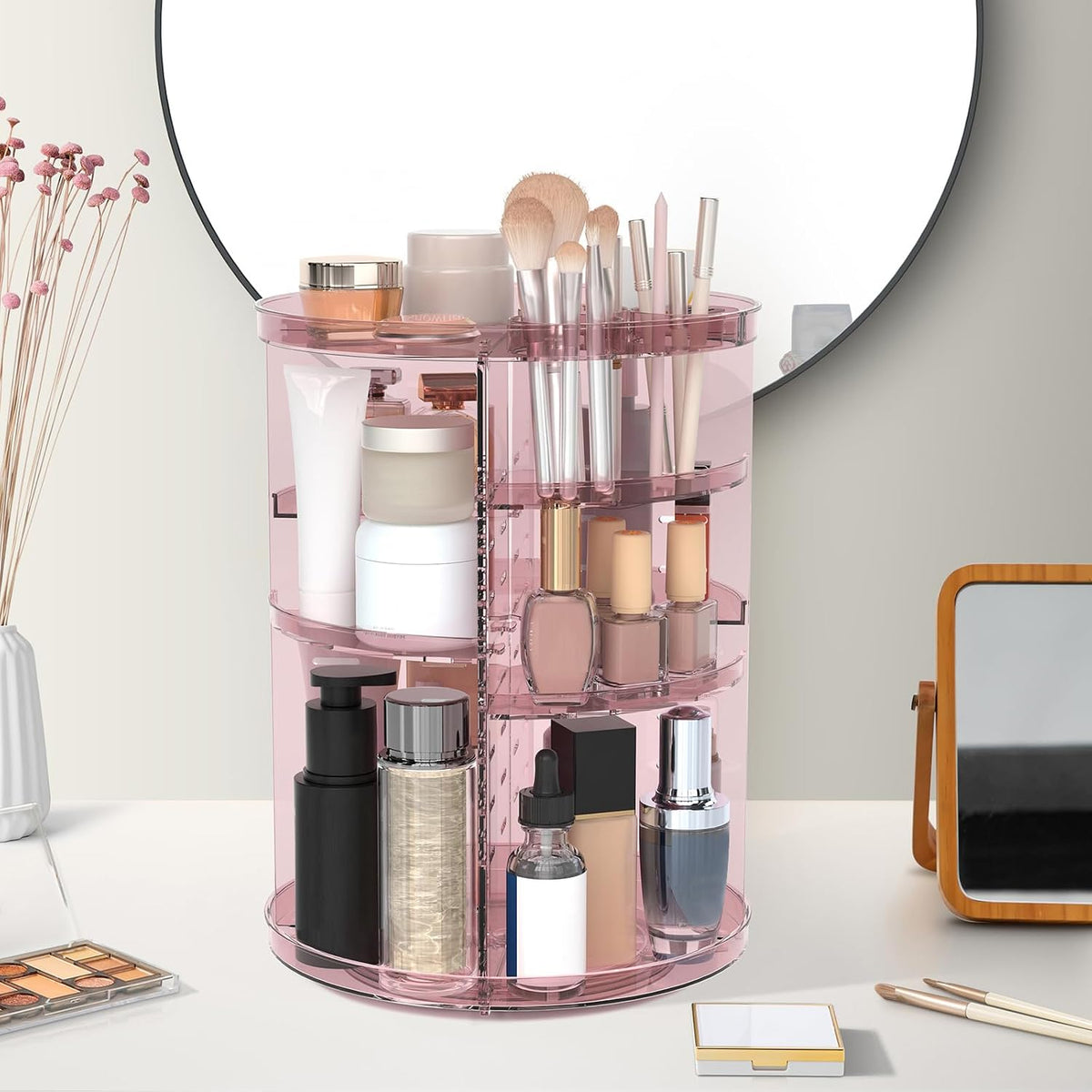 Rotating Makeup Organizer, DIY 8 Adjustable Layers Spinning Skincare Storage, Cosmetic Display Case with Brush Holder and Perfume Tray, Multi-Function Vanity Bathroom Countertop Organizer Clear
