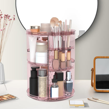 Rotating Makeup Organizer, DIY 8 Adjustable Layers Spinning Skincare Storage, Cosmetic Display Case with Brush Holder and Perfume Tray, Multi-Function Vanity Bathroom Countertop Organizer Clear