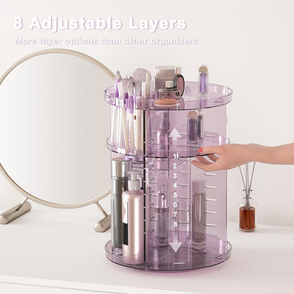 Rotating Makeup Organizer, DIY 8 Adjustable Layers Spinning Skincare Storage, Cosmetic Display Case with Brush Holder and Perfume Tray, Multi-Function Vanity Bathroom Countertop Organizer Clear