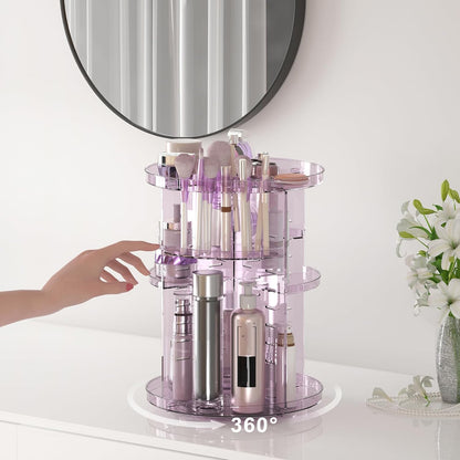Rotating Makeup Organizer, DIY 8 Adjustable Layers Spinning Skincare Storage, Cosmetic Display Case with Brush Holder and Perfume Tray, Multi-Function Vanity Bathroom Countertop Organizer Clear