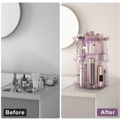 Rotating Makeup Organizer, DIY 8 Adjustable Layers Spinning Skincare Storage, Cosmetic Display Case with Brush Holder and Perfume Tray, Multi-Function Vanity Bathroom Countertop Organizer Clear