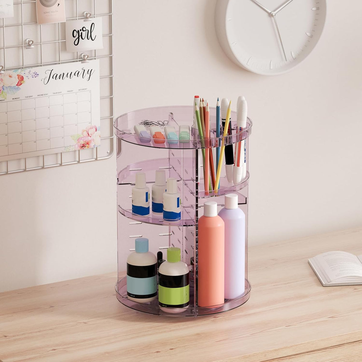 Rotating Makeup Organizer, DIY 8 Adjustable Layers Spinning Skincare Storage, Cosmetic Display Case with Brush Holder and Perfume Tray, Multi-Function Vanity Bathroom Countertop Organizer Clear