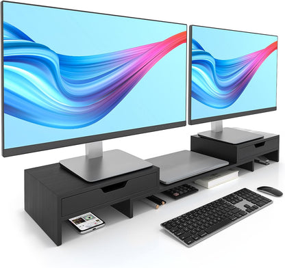 Dual Monitor Riser with Two Drawer for Desk, No Assembly Required