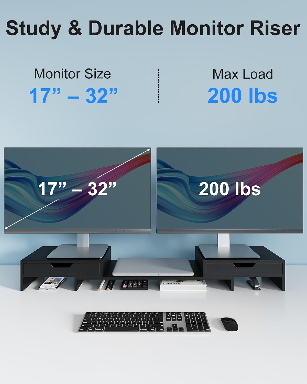 Dual Monitor Riser with Two Drawer for Desk, No Assembly Required