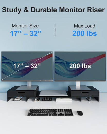 Dual Monitor Riser with Two Drawer for Desk, No Assembly Required