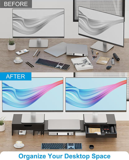 Dual Monitor Riser with Two Drawer for Desk, No Assembly Required