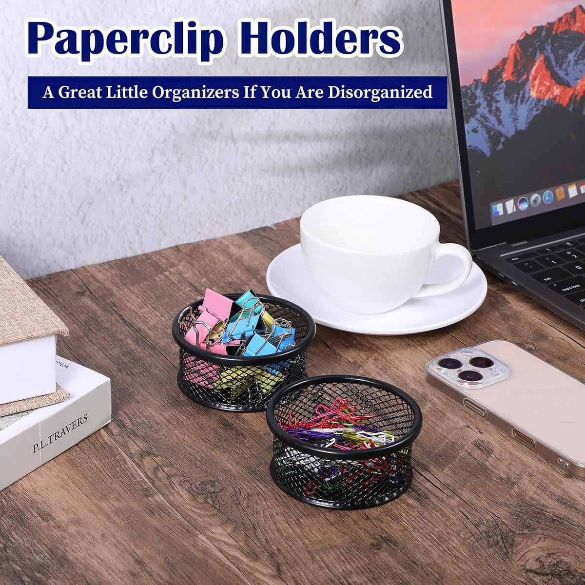 12 Pack Paper Clip Holder, Paperclip Holders for Desk, Mesh Paper Clip Holder for Desk Binder Wire Mesh Bowls for Holding Small Parts Office Accessories(Black)