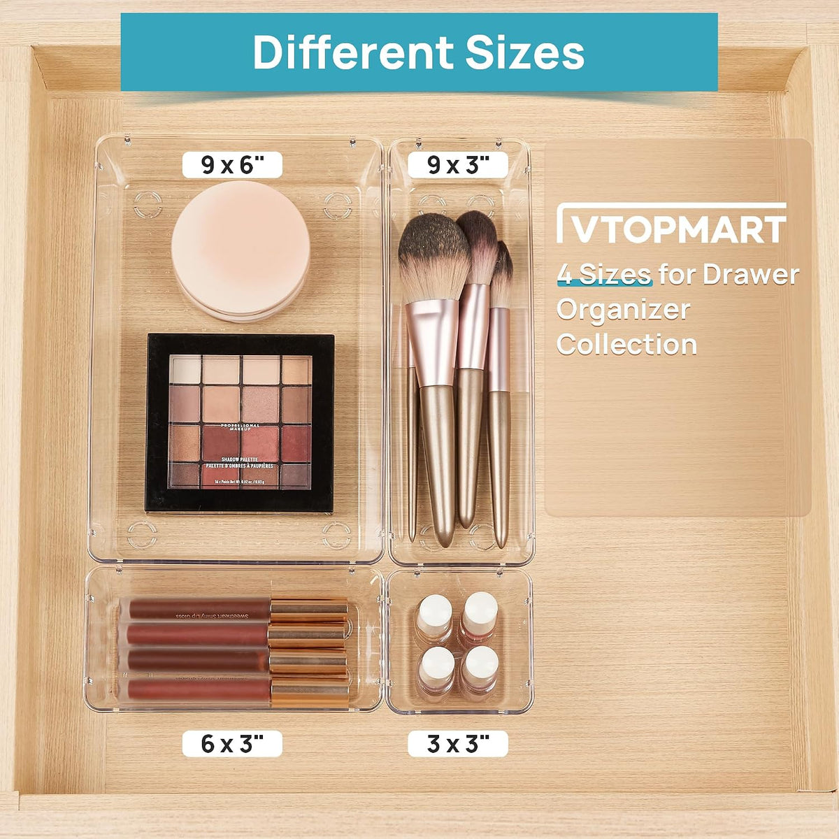 10 Pack Clear Drawer Organizer Bins, 4 Sizes Makeup Storage Trays
