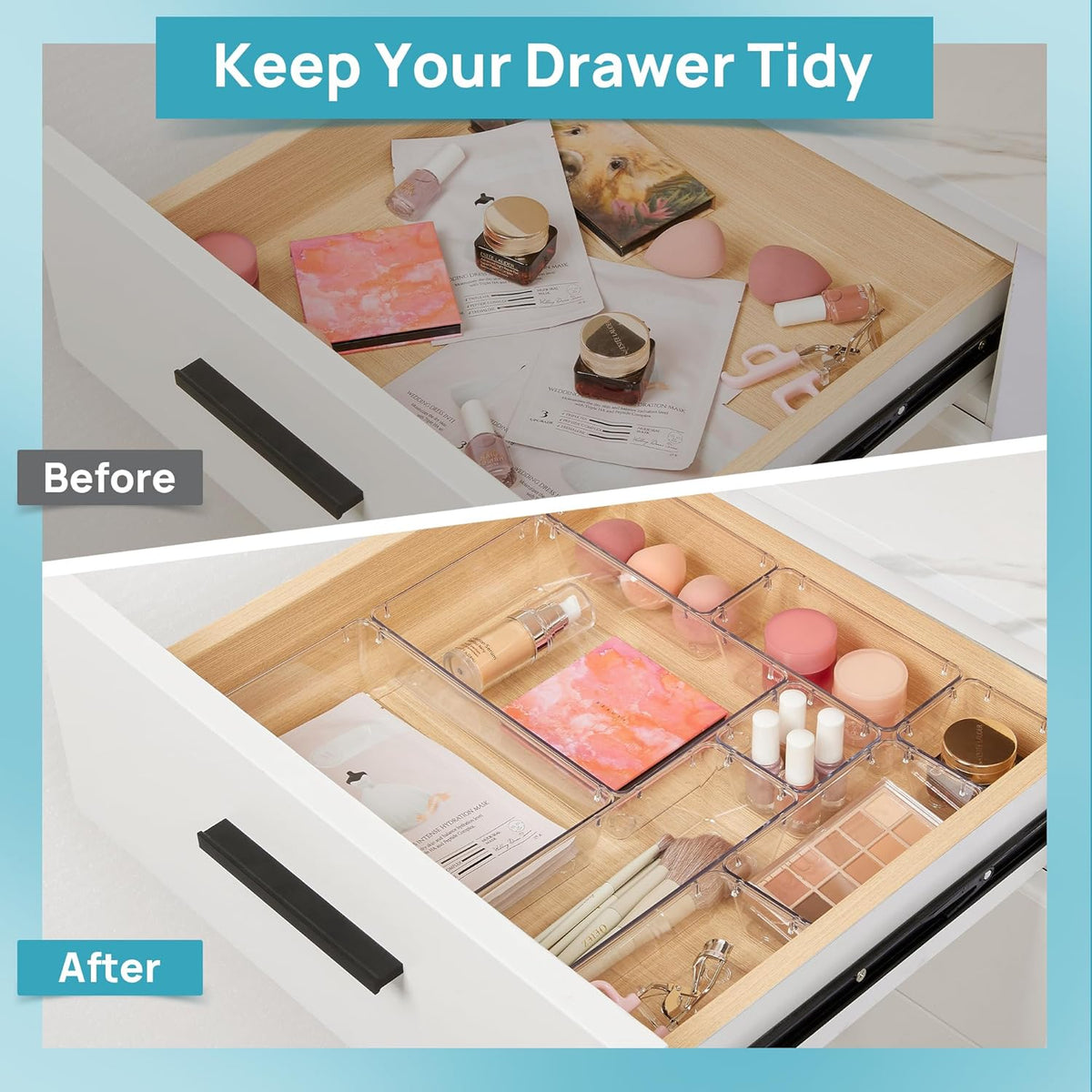10 Pack Clear Drawer Organizer Bins, 4 Sizes Makeup Storage Trays