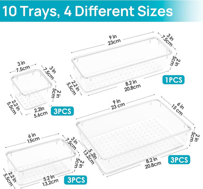 10 Pack Clear Drawer Organizer Bins, 4 Sizes Makeup Storage Trays