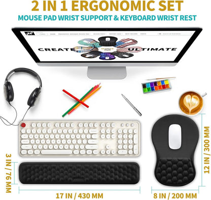 2 in 1 Ergonomic Mouse Pad Wrist Support & Wrist Rest for Computer Keyboard Set, with Relieve Carpal Tunnel Pain Massage Bulge and Full Memory Gel Design (2In1 Set, Black)