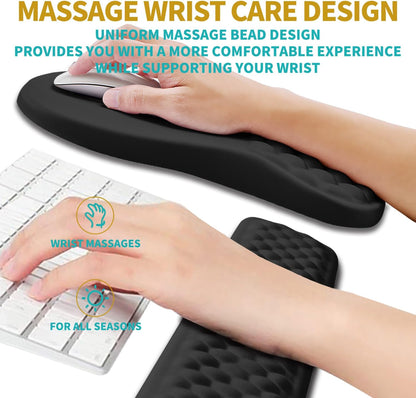 2 in 1 Ergonomic Mouse Pad Wrist Support & Wrist Rest for Computer Keyboard Set, with Relieve Carpal Tunnel Pain Massage Bulge and Full Memory Gel Design (2In1 Set, Black)