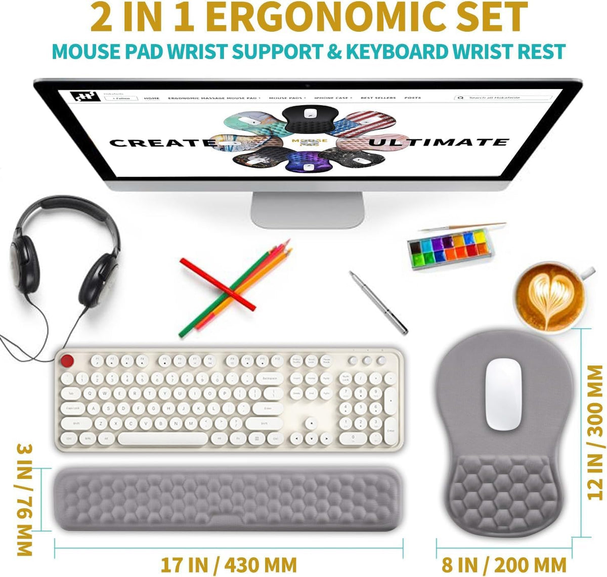 2 in 1 Ergonomic Mouse Pad Wrist Support & Wrist Rest for Computer Keyboard Set, with Relieve Carpal Tunnel Pain Massage Bulge and Full Memory Gel Design (2In1 Set, Black)