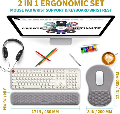 2 in 1 Ergonomic Mouse Pad Wrist Support & Wrist Rest for Computer Keyboard Set, with Relieve Carpal Tunnel Pain Massage Bulge and Full Memory Gel Design (2In1 Set, Black)