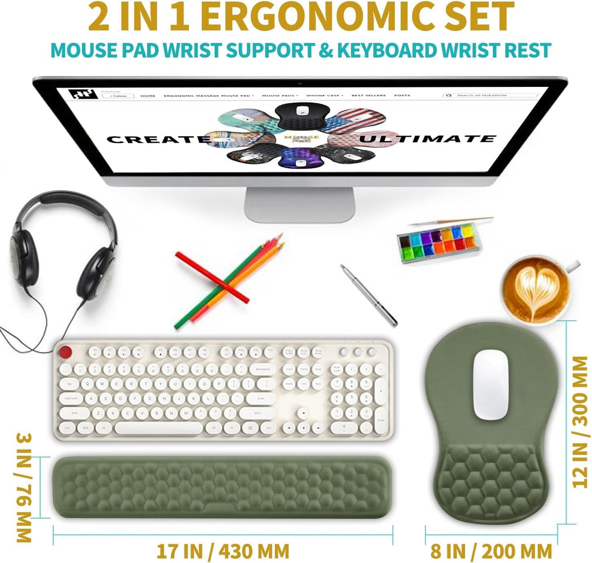 2 in 1 Ergonomic Mouse Pad Wrist Support & Wrist Rest for Computer Keyboard Set, with Relieve Carpal Tunnel Pain Massage Bulge and Full Memory Gel Design (2In1 Set, Black)