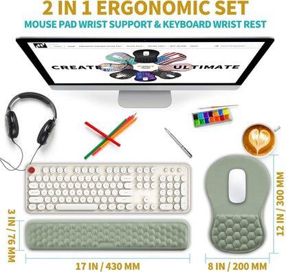 2 in 1 Ergonomic Mouse Pad Wrist Support & Wrist Rest for Computer Keyboard Set, with Relieve Carpal Tunnel Pain Massage Bulge and Full Memory Gel Design (2In1 Set, Black)