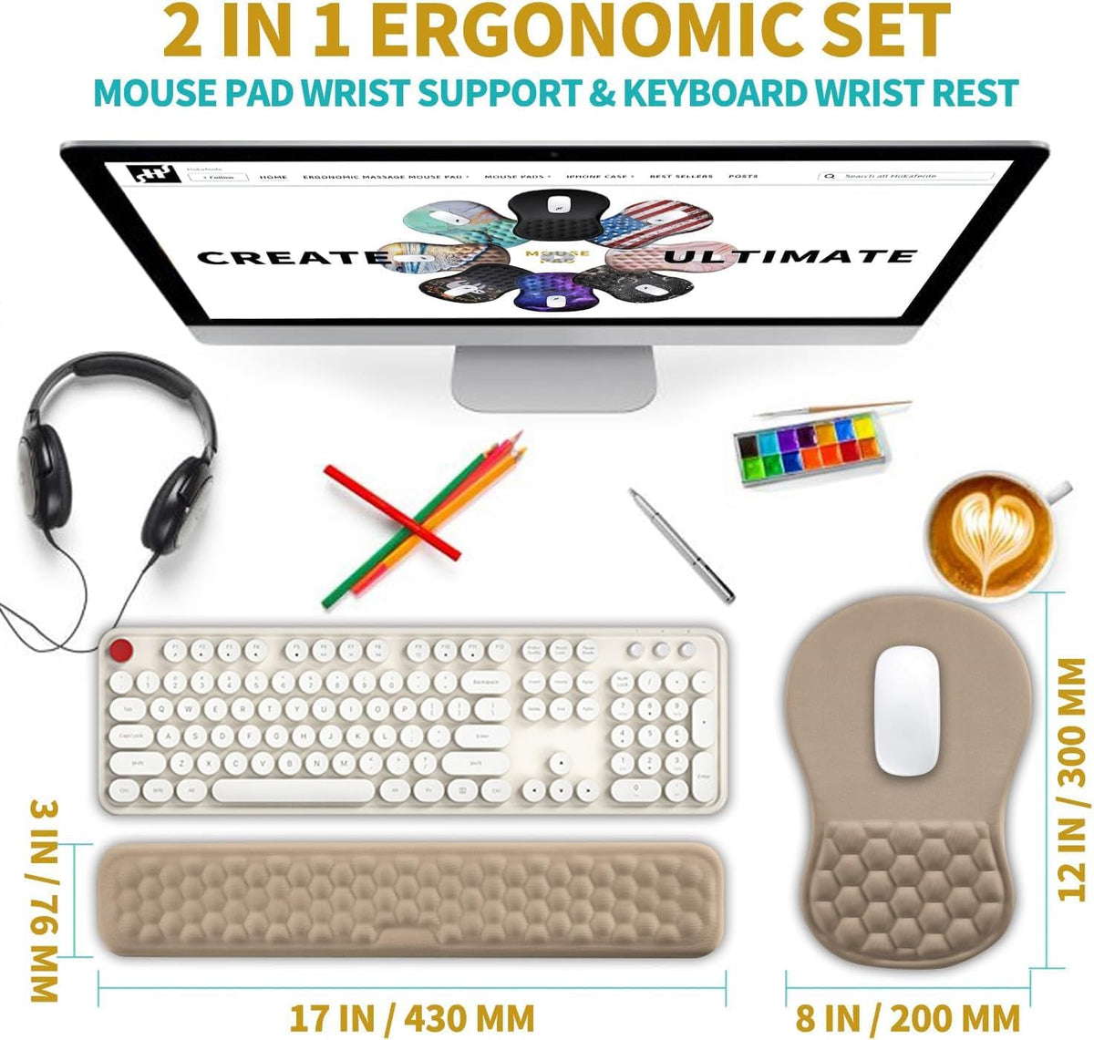 2 in 1 Ergonomic Mouse Pad Wrist Support & Wrist Rest for Computer Keyboard Set, with Relieve Carpal Tunnel Pain Massage Bulge and Full Memory Gel Design (2In1 Set, Black)