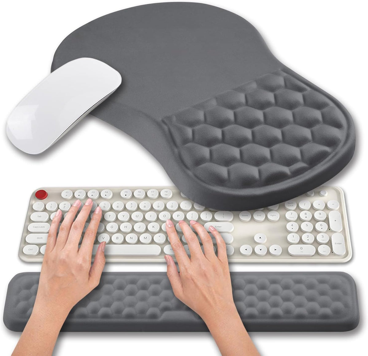 2 in 1 Ergonomic Mouse Pad Wrist Support & Wrist Rest for Computer Keyboard Set, with Relieve Carpal Tunnel Pain Massage Bulge and Full Memory Gel Design (2In1 Set, Black)