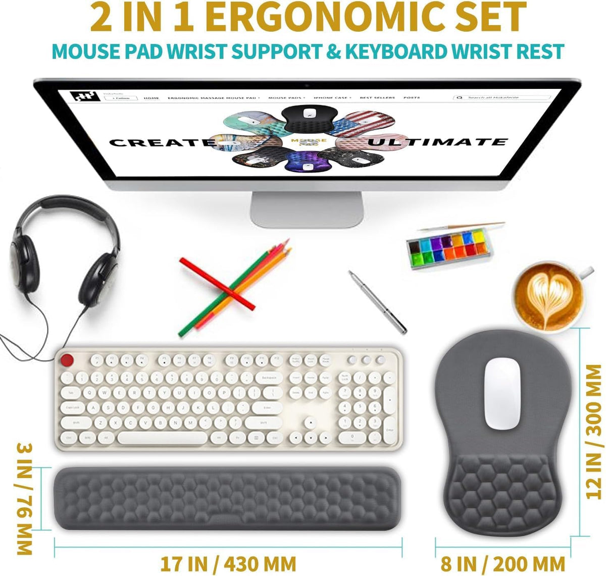 2 in 1 Ergonomic Mouse Pad Wrist Support & Wrist Rest for Computer Keyboard Set, with Relieve Carpal Tunnel Pain Massage Bulge and Full Memory Gel Design (2In1 Set, Black)