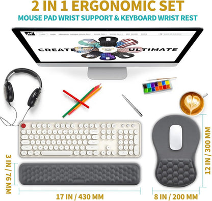 2 in 1 Ergonomic Mouse Pad Wrist Support & Wrist Rest for Computer Keyboard Set, with Relieve Carpal Tunnel Pain Massage Bulge and Full Memory Gel Design (2In1 Set, Black)
