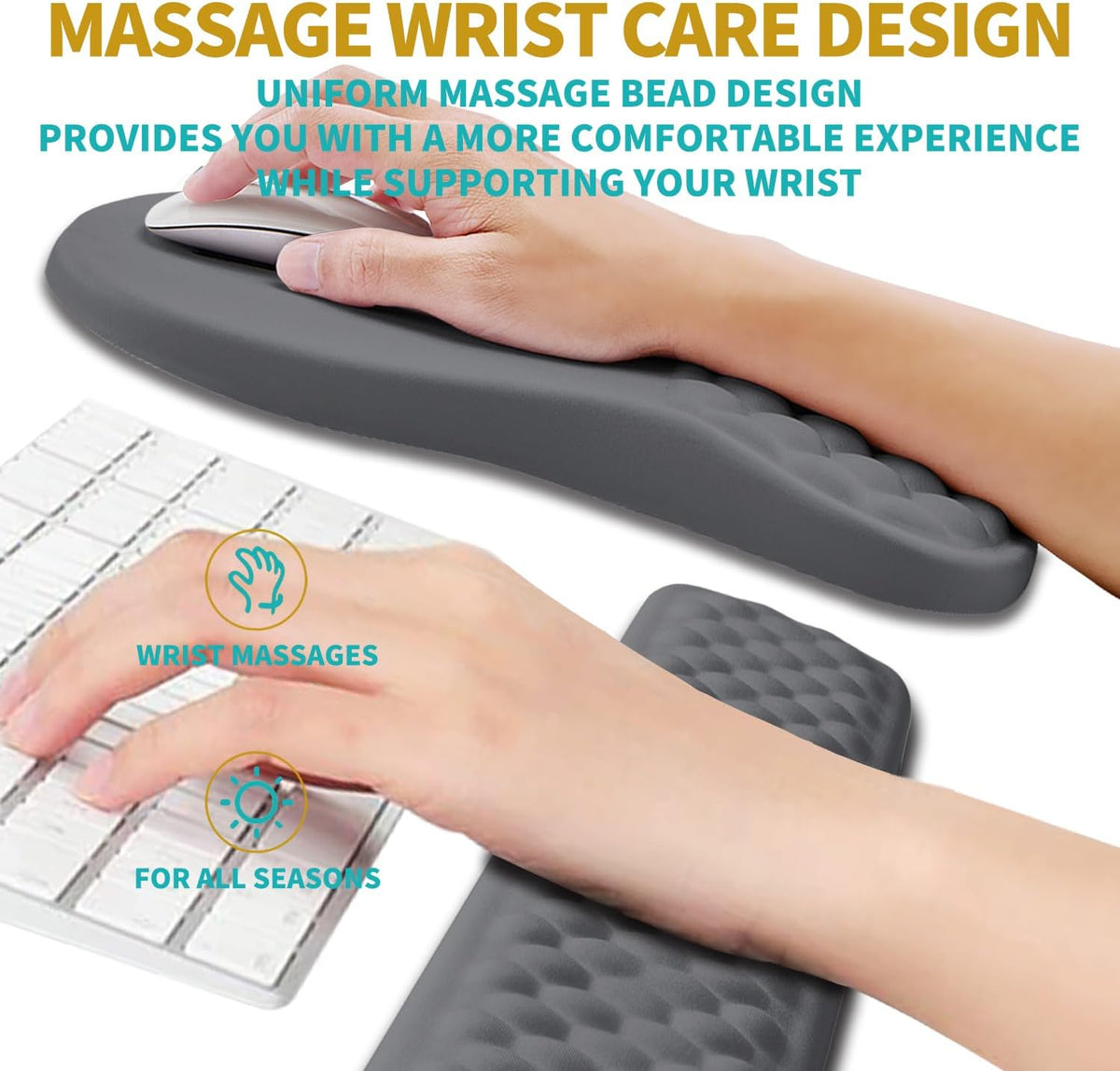 2 in 1 Ergonomic Mouse Pad Wrist Support & Wrist Rest for Computer Keyboard Set, with Relieve Carpal Tunnel Pain Massage Bulge and Full Memory Gel Design (2In1 Set, Black)