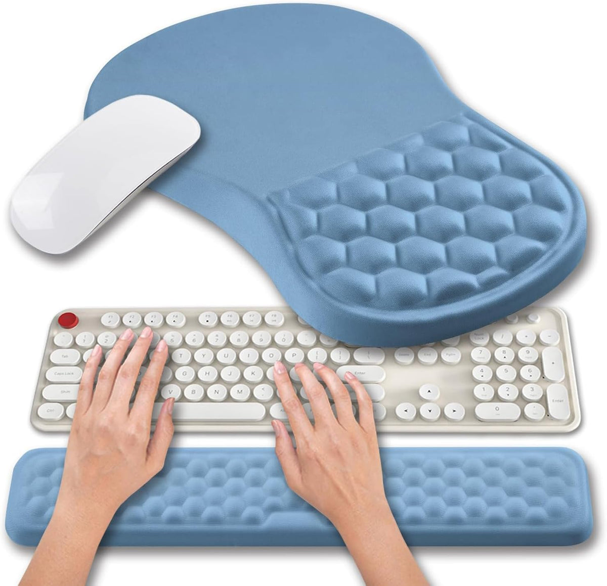 2 in 1 Ergonomic Mouse Pad Wrist Support & Wrist Rest for Computer Keyboard Set, with Relieve Carpal Tunnel Pain Massage Bulge and Full Memory Gel Design (2In1 Set, Black)