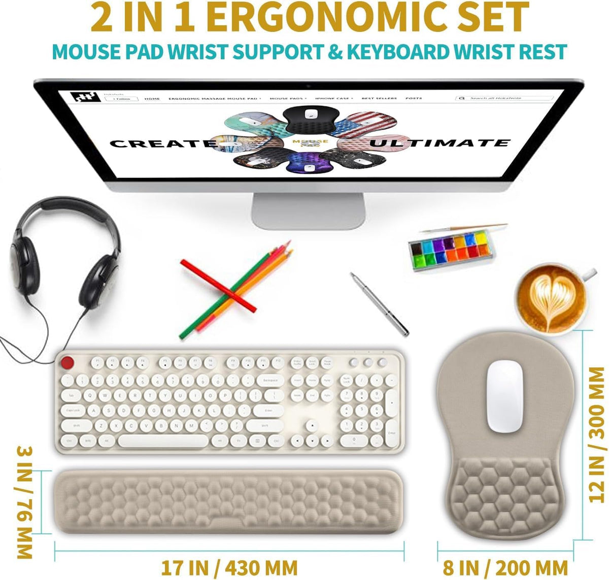 2 in 1 Ergonomic Mouse Pad Wrist Support & Wrist Rest for Computer Keyboard Set, with Relieve Carpal Tunnel Pain Massage Bulge and Full Memory Gel Design (2In1 Set, Black)