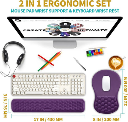 2 in 1 Ergonomic Mouse Pad Wrist Support & Wrist Rest for Computer Keyboard Set, with Relieve Carpal Tunnel Pain Massage Bulge and Full Memory Gel Design (2In1 Set, Black)
