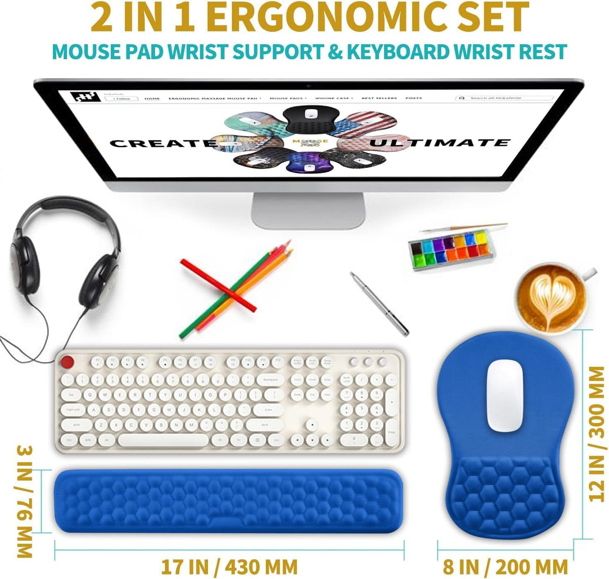 2 in 1 Ergonomic Mouse Pad Wrist Support & Wrist Rest for Computer Keyboard Set, with Relieve Carpal Tunnel Pain Massage Bulge and Full Memory Gel Design (2In1 Set, Black)