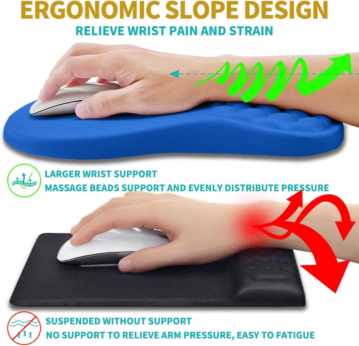 2 in 1 Ergonomic Mouse Pad Wrist Support & Wrist Rest for Computer Keyboard Set, with Relieve Carpal Tunnel Pain Massage Bulge and Full Memory Gel Design (2In1 Set, Black)
